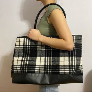 faux leather black and white plaid tote bag